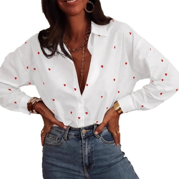 Women’s Heart All Over Print Collared Long Sleeve Button Down Shirt