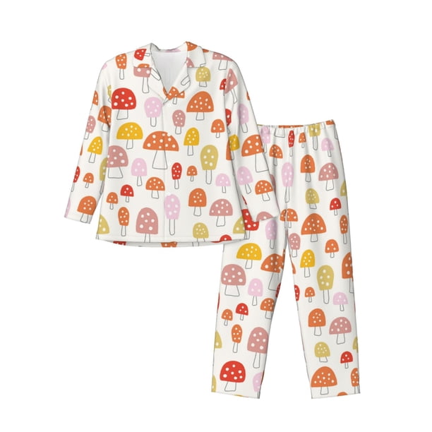 Balery Cute Cartoon Mushrooms Pijama para Hombre de Dos Piezas con Manga Larga, Conjunto de Dormir y Descanso Suave con Bolsillos-Medium