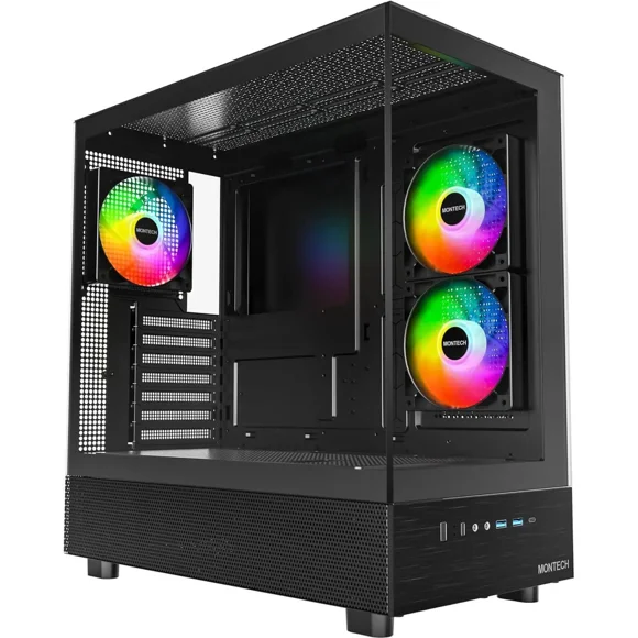MONTECH XR, ATX Mid-Tower PC Gaming Case, 3 x 120mm ARGB PWM Fans Pre-Installed, Full-View Dual Tempered Glass Panel, Wood-Grain Design I/O Interface, Support 4090 GPUs, 360mm Radiator Support, Black