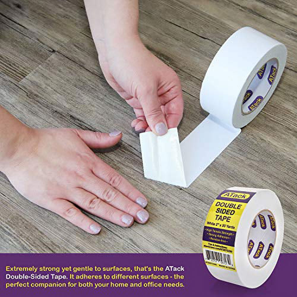 Atack Double-Sided Tape White 1.5 Inches x 15 Yards Heavy Duty Double Sides Self Sticky Wall Fabric Tape for Wood Templates Furniture Leather