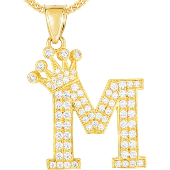Floreo 10k Yellow Gold 0.8" Pave CZ Personalized Crown Alphabet Letter A - Z Initial Charm Pendant with optional Chain Necklace