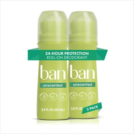 Ban Invisible Roll-on Antiperspirant Deodorant for Women and Men, Unscented, 3.5 oz/2pk, Value Pack