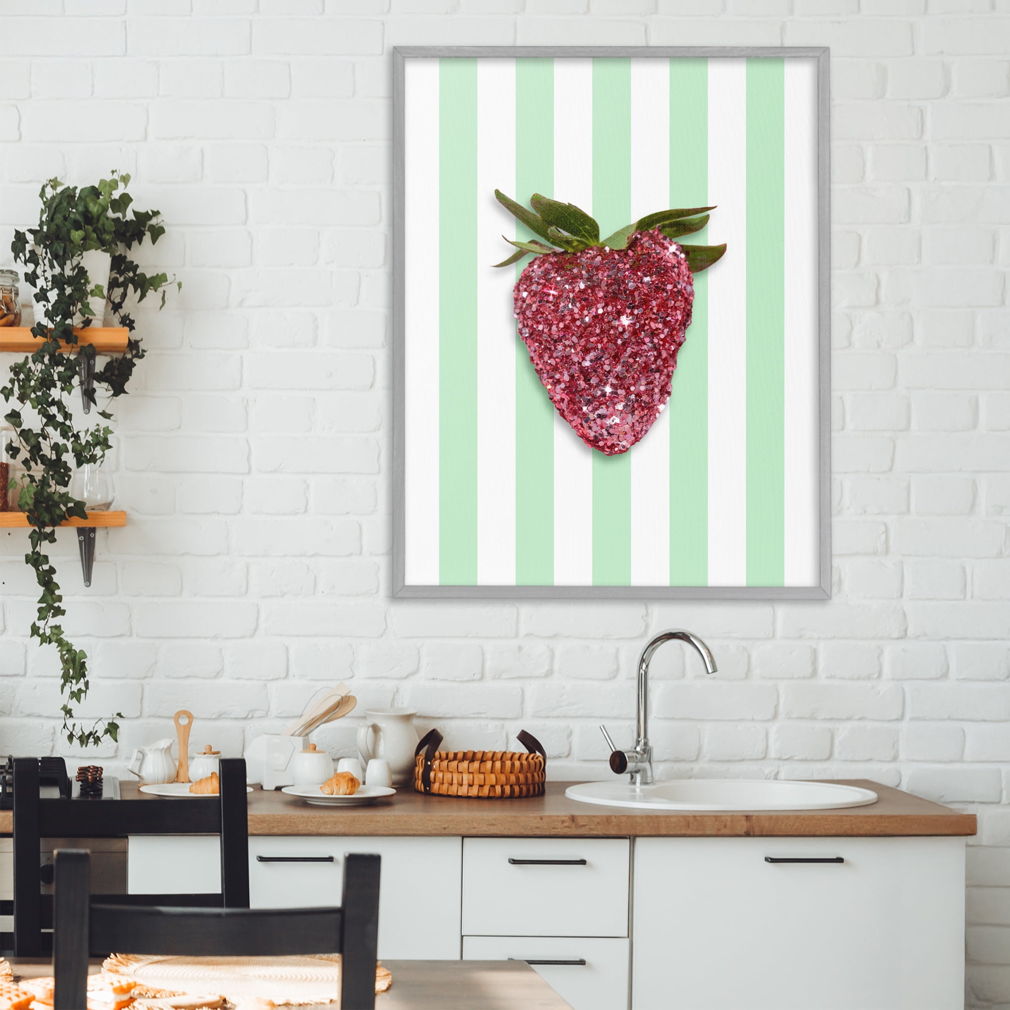 Stupell Industries Glimmer Cherry on Green Stripes Gray Framed Giclee Art, design by LISH Creative