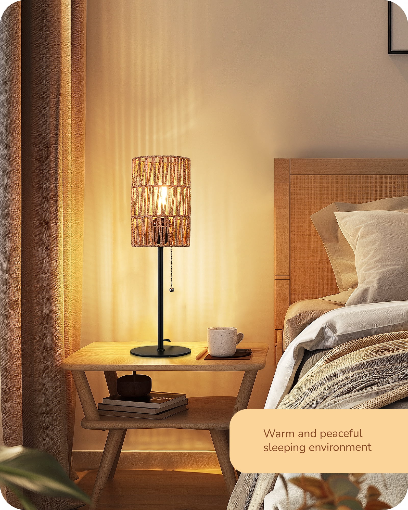 EDISHINE Table Lamp with Rattan Lampshade, Pull-Chain Switch, Metal Base Boho Bedside Nightstand Lamp for Bedroom, Living Room, Office