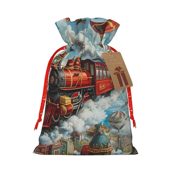 Naloa Red Train Hot Air Balloon Drawstring Christmas Bags, 3D Xmas Gift Bags, Christmas Wrapping Bags, Xmas Goodie Bags, Treat Pouch Bags, Party Favor Bags-Small