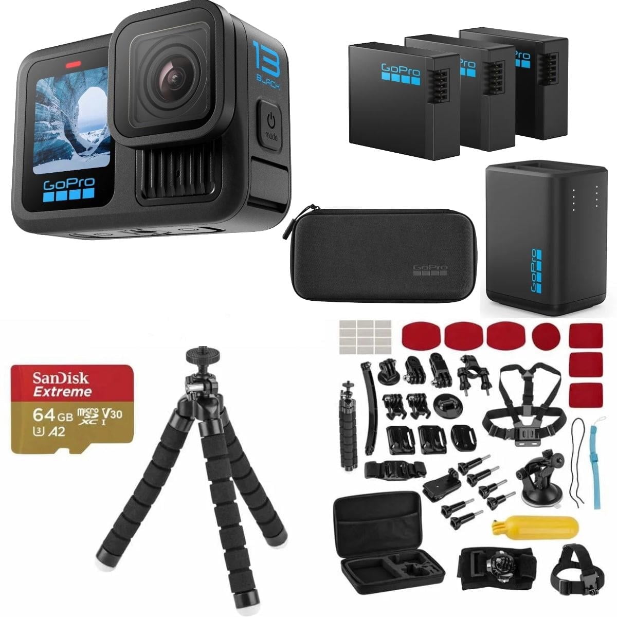 GoPro HERO13 Black Extended Power Bundle - Includes Dual Battery Charger, 3 Enduro Batteries, 64GB SanDisk microSD Card, Camera Case & Extreme 47pc Accessory Kit