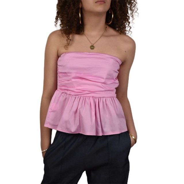 Gupgi Women Peplum Tube Top Solid Color Strapless Ruffle Bandeau Shirts Off Shoulder Ruched Tops