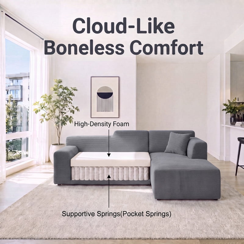 Gewnee 97" L-Shaped Sectional Sofa, Modern Corduroy Modular Sofa Couch with Deep Seat, High Back Cloud Couch, Convertible Ottoman Sectional Couch for Living Room, Black