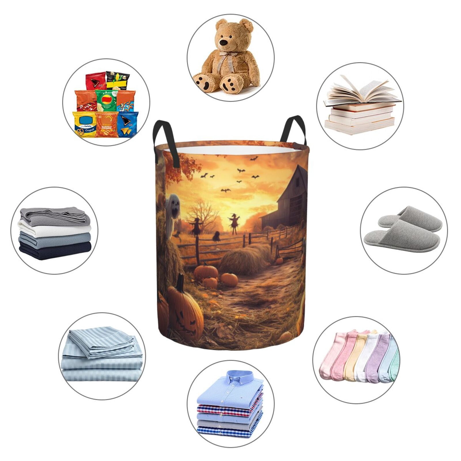 Large Laundry Basket with Handles - Halloween Farm Pumpkin Ghost Kids Baby Dirty Clothes Laundry Hamper for Bedroom Aesthetic
