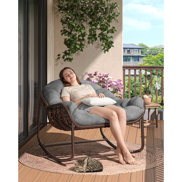 Patio Chair Heavy Duty Oversized Papasan – Wicker Rattan Rocking Chair with Water-Resistant Cushion, 450 lbs Capacity – for Garden, Balcony & Porch – Brown Rattan + Dark Grey Fabric (1-Pack)