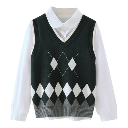 RUTAYY Children Boys Girls Vest Lattic Prints Warm Knitted Sweater Sleeveless Knitwear Cardigan Vest Daily Wear Versatile Tank Tops