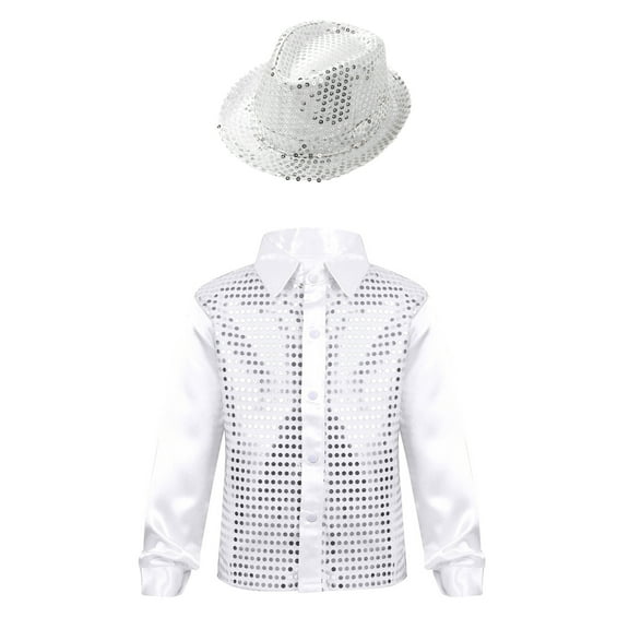 TiaoBug Kids Boys Shiny Sequins Long Sleeve Shirt Jazz Latin Street Dance Disco Party Top with Hat White 11-12