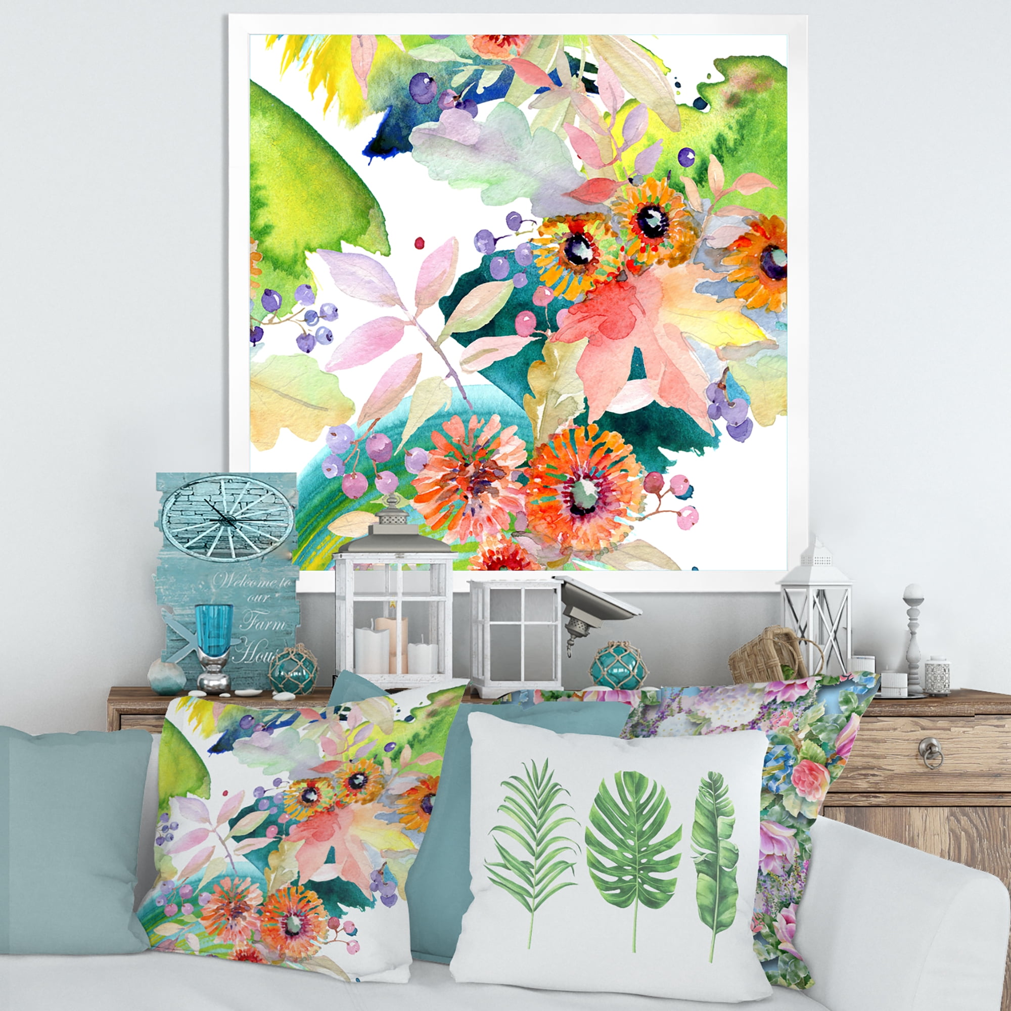 Vital Wild Spring Leaves and Wildflowers III 30 in x 30 in Framed Painting Canvas Art Print, by Designart