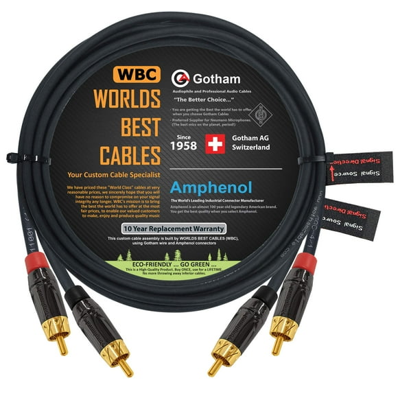12 Foot RCA Cable Pair - Gotham GAC-4/1 (Black) Star-Quad Audio Interconnect Cable with Amphenol ACPL Black Chrome Body, Gold Plated RCA Connectors - Directional
