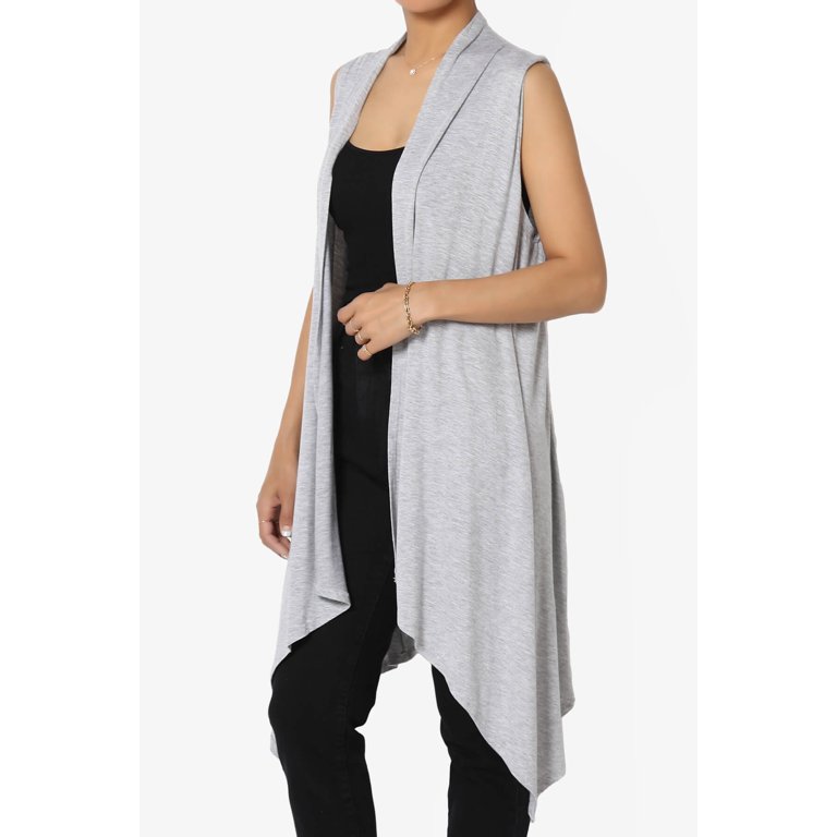 Draped Jersey Open Front Sleeveless Cardigan Waterfall Asymmetric