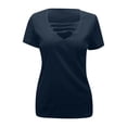 thumbnail image 4 of MIXUE Womens Summer Tops Solid Color Sexy Deep V Neck Hollow Out Short Sleeve Casual T-shirts Daily-Wear,Blue,L, 4 of 5