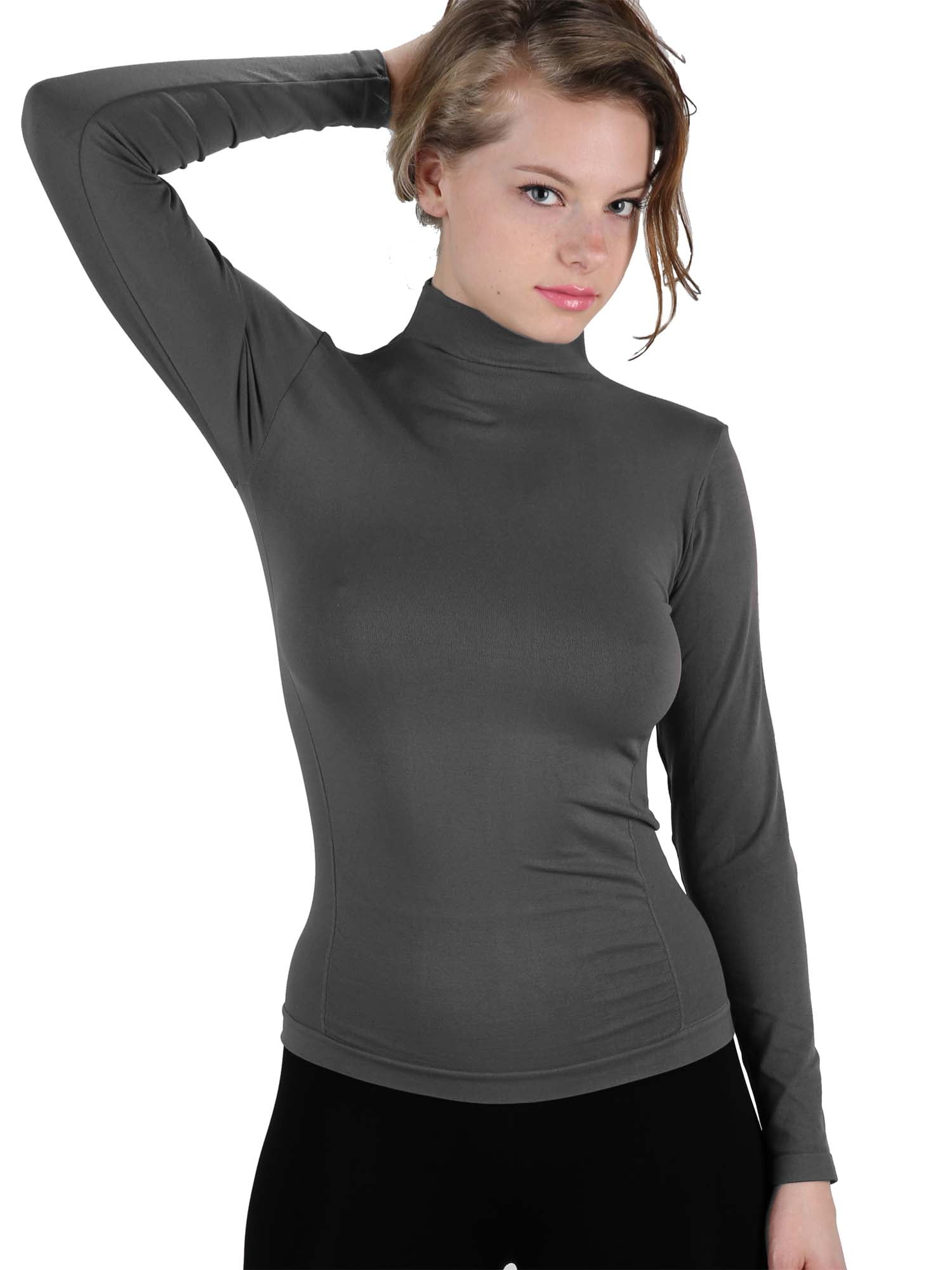 Womens Thin Ribbed Stretchy Polo Neck High Turtle Long Sleeve Ladies T-Shirt Top 