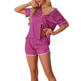 thumbnail image 1 of Pijamas de satén para mujer INSPIRE CHIC, juego de 2 piezas con blusa de manga corta y pantalones cortos, 2XL, púrpura y rojo, 1 of 6