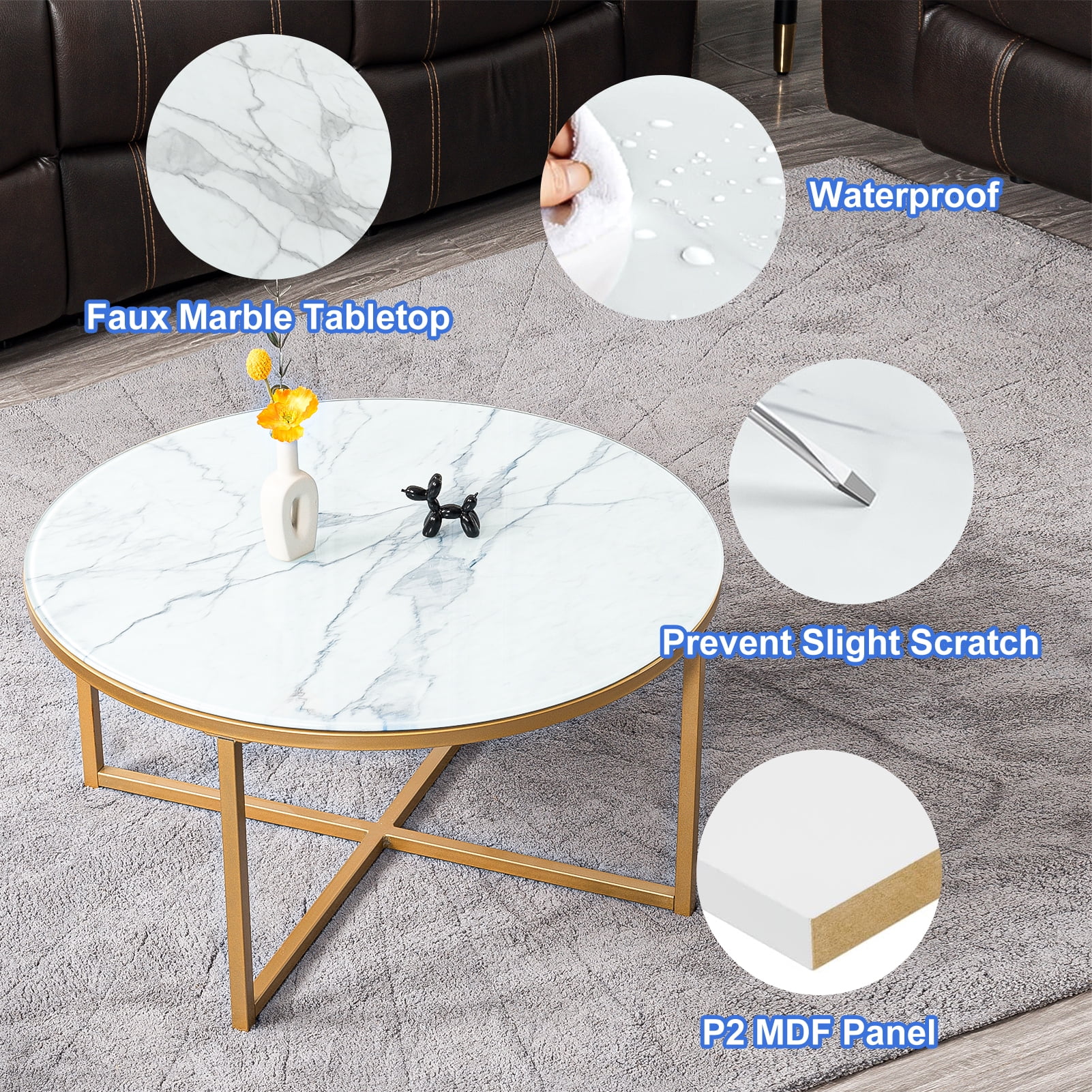 Kadyn Cross Legs MDF Coffee Table, Modern Metal Coffee Table with Metal Base, Round Table Cocktail Table for Living Room, Golden Kadyn Cross Legs MDF Coffee Table, Modern Metal Coffee Table with Metal Base, Round Table Cocktail Table for Living Room, Golden