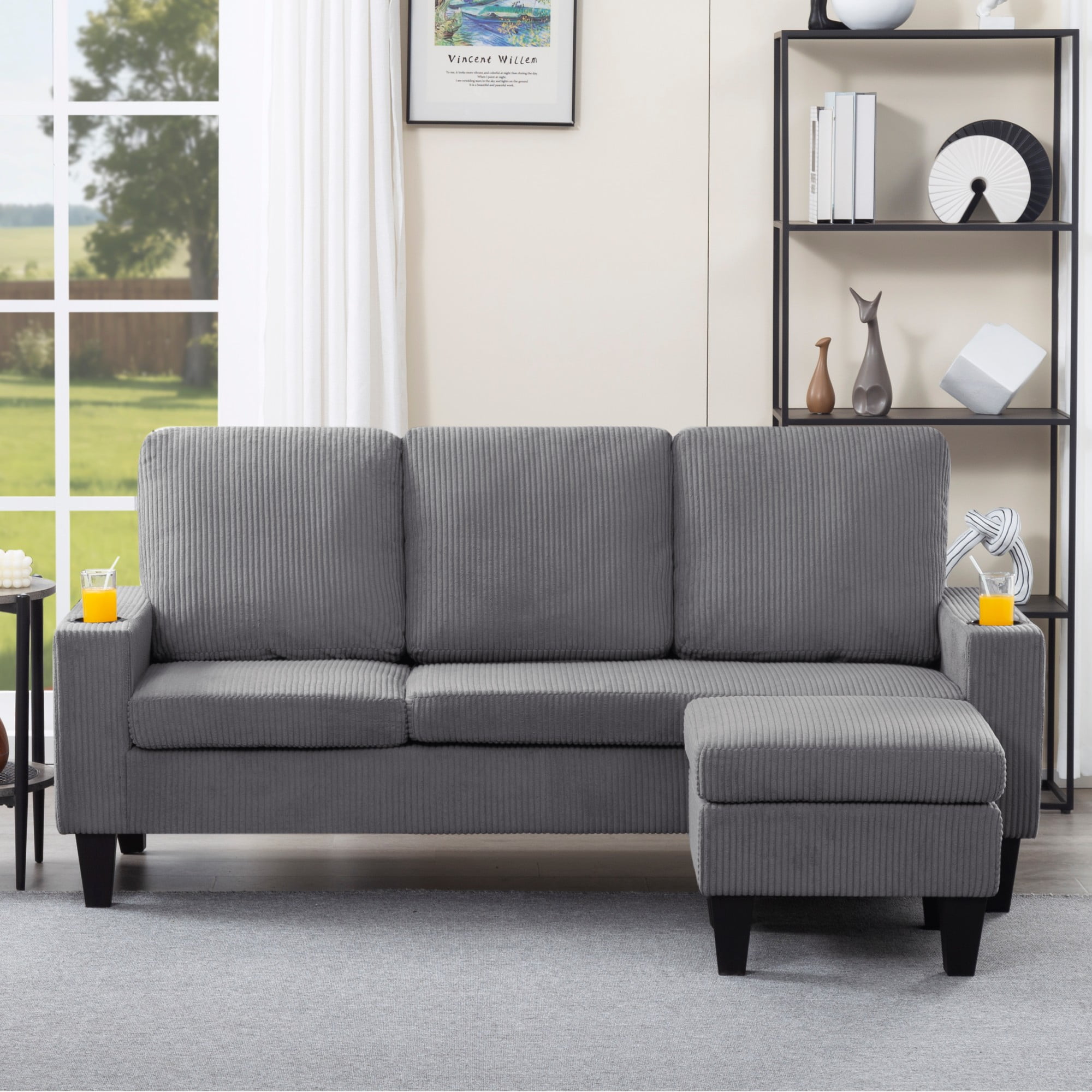 Gewnee Light Grey 69.88” L-Shaped Sofa, Corduroy Reversible Ottoman with Cup Holders for Home/Office