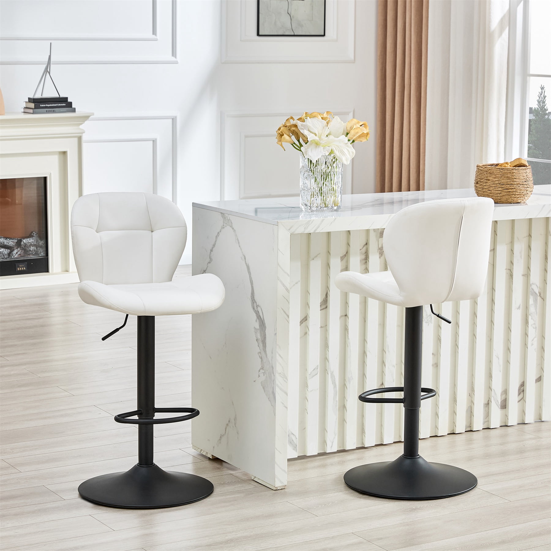 Alvantor Adjustable Bar Stools Set of 2 Modern Leather Swivel Bar Stools Counter Height Bar Chairs for Kitchen Island White