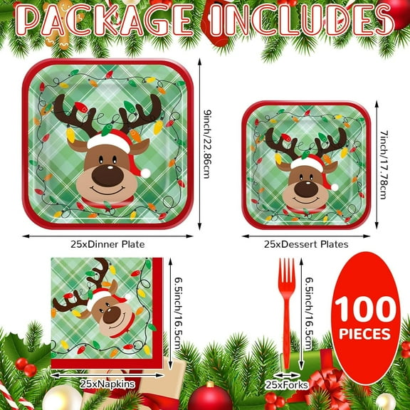 RFGBRG-100 Pcs Christmas Reindeer Paper Plates and Napkins Disposable Tableware Set for 25 Guests Include Square Dinner and Dessert Plates, Napkins, Forks for Christmas Party Table Decoration Supplie