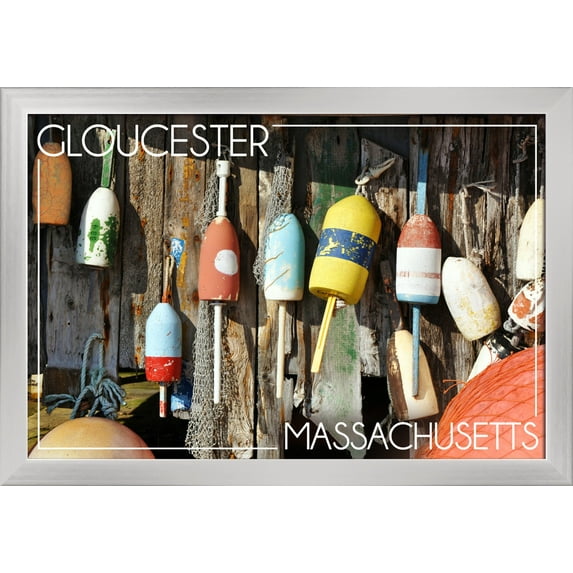 Gloucester, Massachusetts - Buoys - Lantern Press Photography (24x16 Giclee Art Print, Gallery Framed, Silver Wood)