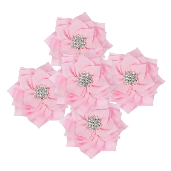 Uxcell 3 Inch Rhinestone Pearl Chiffon Flower, 5 Pcs Sewing Fabric Appliques for DIY Craft Clothing Headbands Wedding Party Decoration, Light Pink