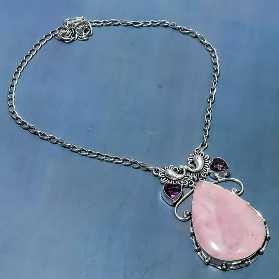 Natural Rose Quartz, Amethyst Gemstone 925 Sterling Silver Necklace 18"