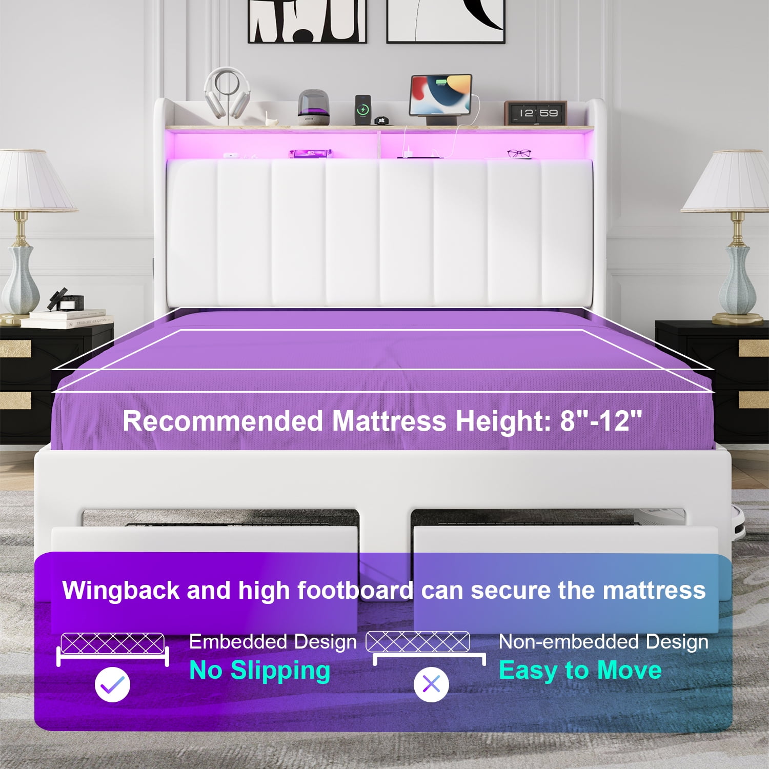 Amolife Queen Size Platform Bed Frame with 2-Tier LED Storage Velvet Wingback Headboard & 2 Storage Drawers, USB & Type-C Charging Ports, White