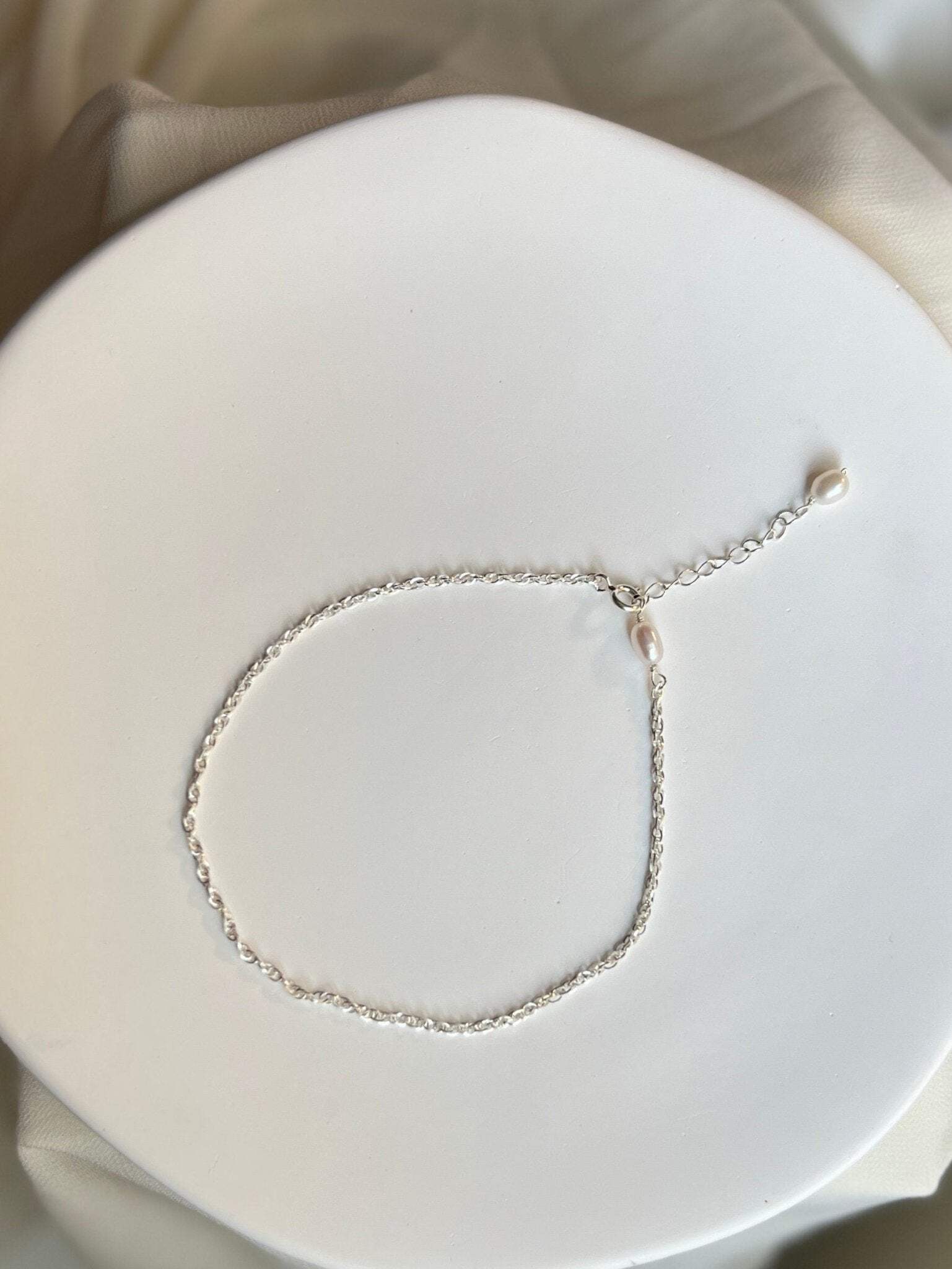 Freshwater Pearl Anklet with Dainty S925 Sterling Silver Chain, Wedding Anklet Gift