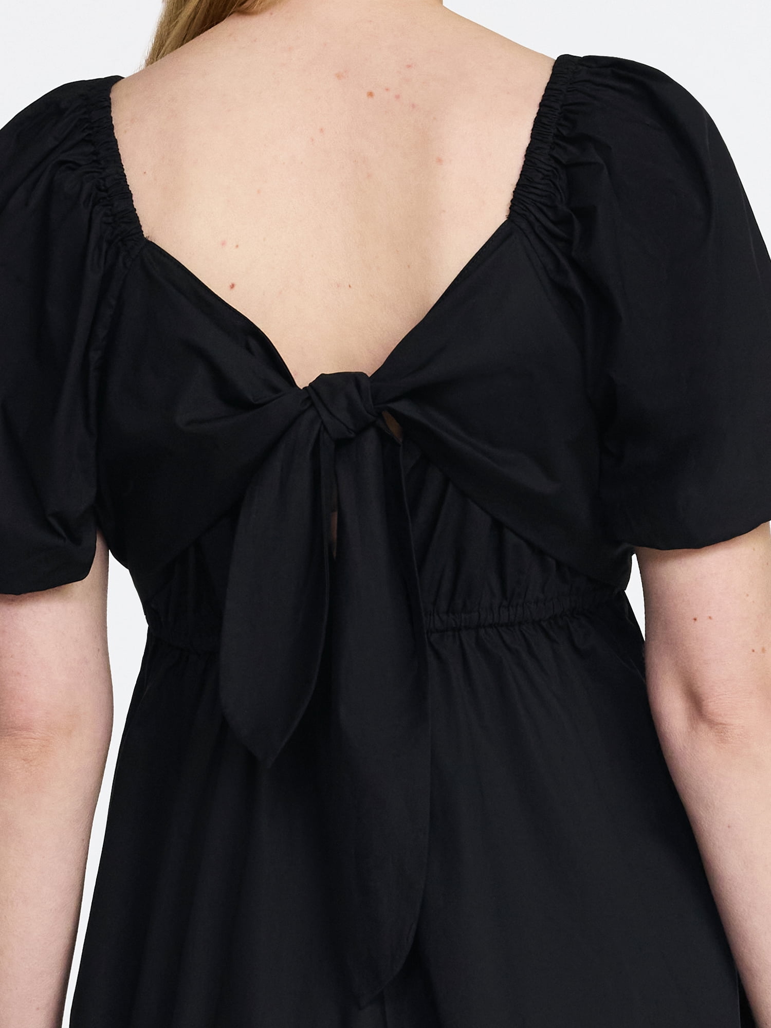 Time and Tru Women's and Women's Plus Tie Back Mini Dress with Puff Sleeves, Sizes XS-4X