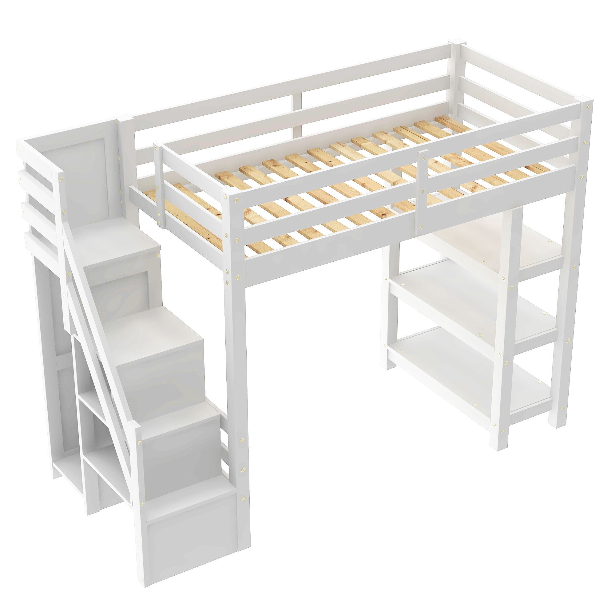 Euroco Wood Twin Size Loft Bed with Storage Staircase and Shelves, LED Light and Wardrobe for Kids, White