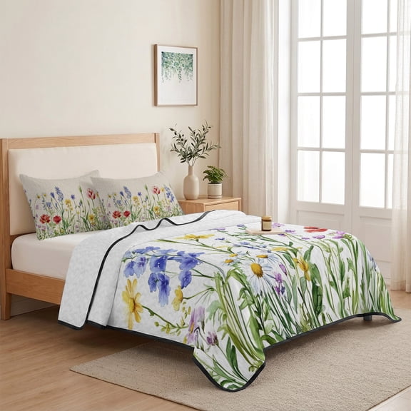 Spring Floral Twin XL Size Quilt Set Lightweight Bedspread Coverlet Set, Colorful Floral Scenery Watercolor Quilted Bedding Cover with 2 Pillow Shams for All Season Layering 68"x98"