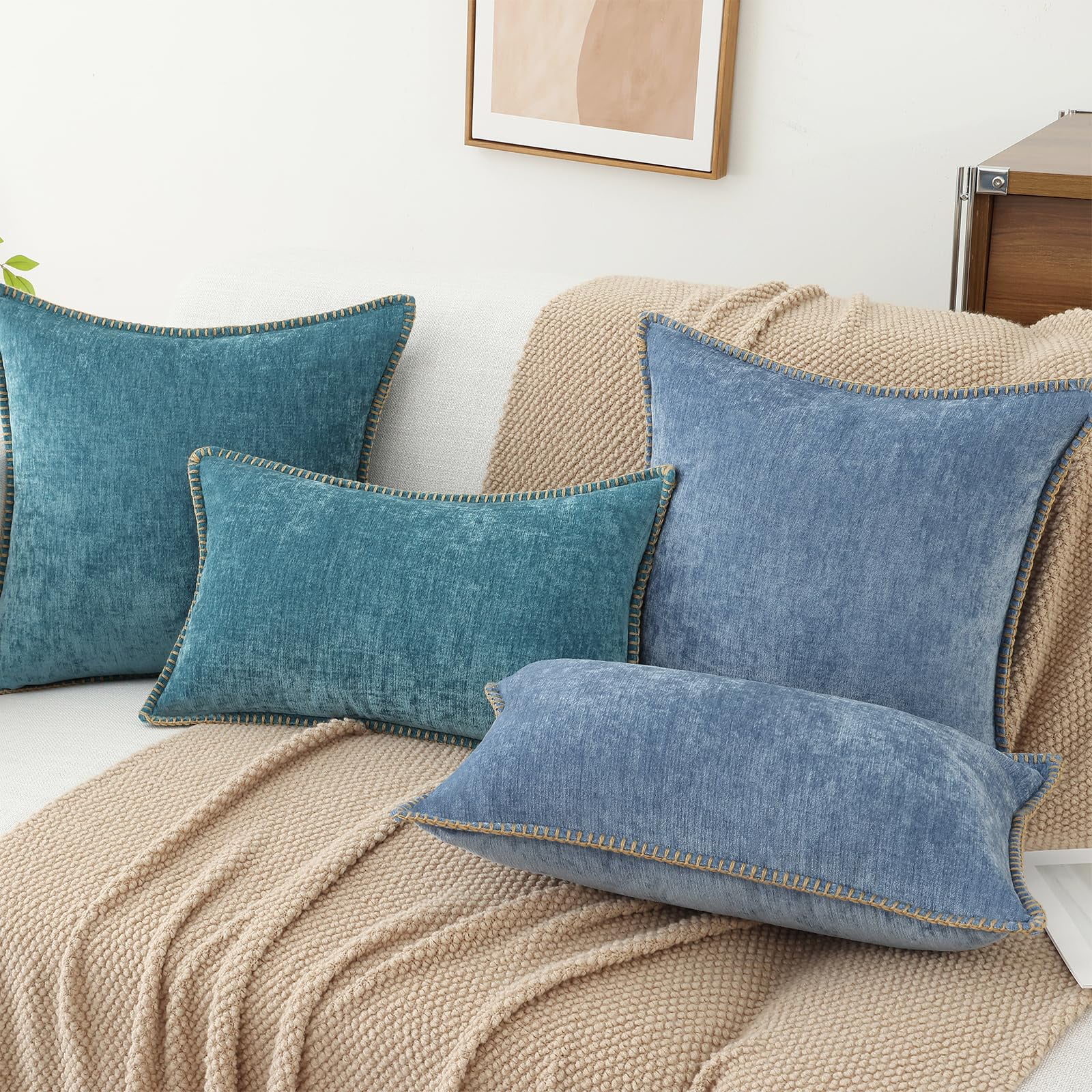 decorUhome Chenille Throw Pillow Covers 26x26 Set of 2, Soft Farmhouse Decorative Pillow Covers, Blue(Pillow Cover Only, No Inserts Included)