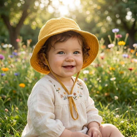 YOUYEDIAN Muslin Baby Sun Hat Sun Protection Baby Bucket Hat Summer Beach Hats with Wide Brim for Boys & Girls (Earthy Yellow)