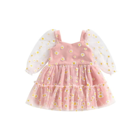 

ELF Baby Girl Princess A-Line Dress Elegant Daisy Print Long Sleeves Mesh Tulle Party Dress for Toddler