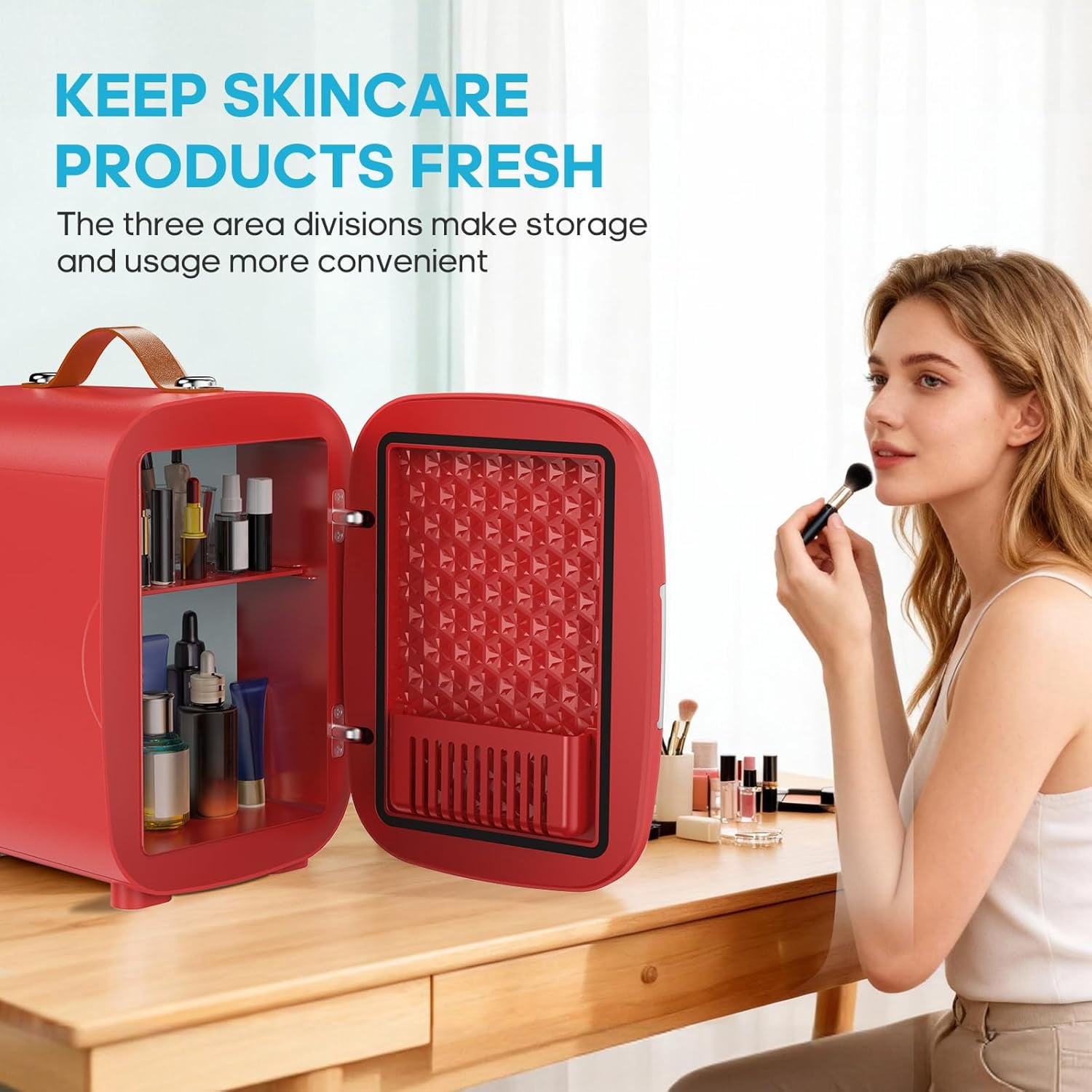 Dozzle 4L Mini Fridge , Holds 6 Cans, Keeps Skincare and Snacks Chilled with Dual 110V/12V Power, Compact Companion for Dorm, Office, and Car,Red