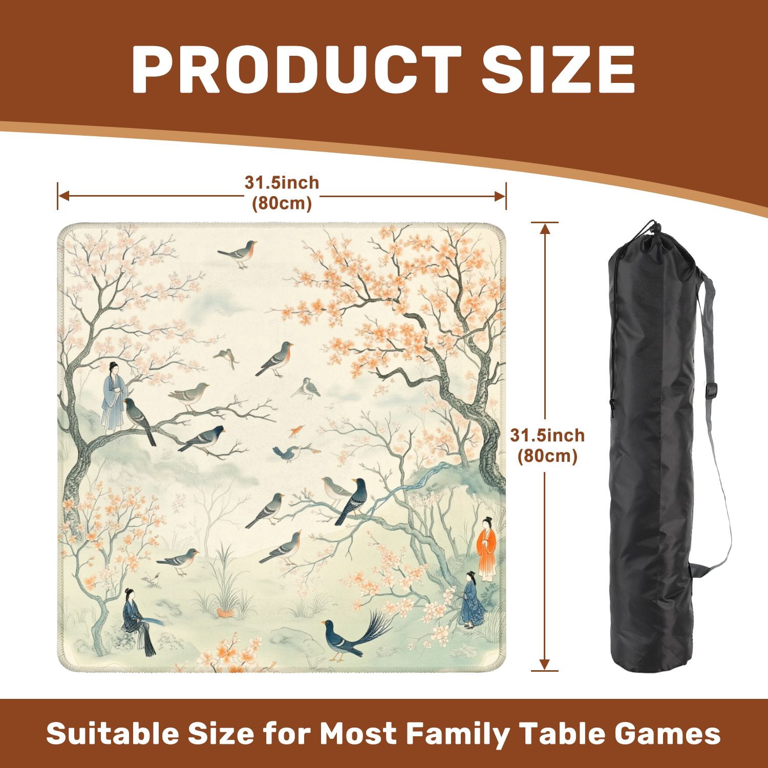 Mahjong Mat 31.5" x 31.5" Birds Blossoming Trees Soft Pastel East Asian Inspired Garden Non-Slip Noise Reduction American Mahjong Tiles Table Cover for Dominoes Poker Card Board Games Gift