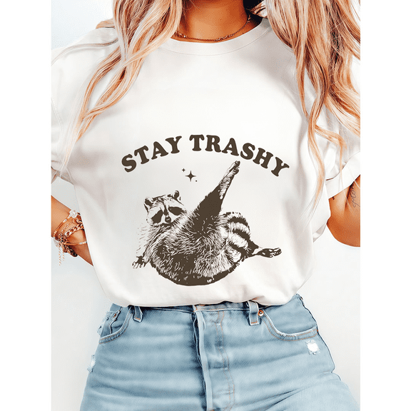 Stay Trashy Print Tshirts Retro Funny Racoon Graphic Tees Meme Raccoon Lover Casual Shirts Short Sleeve Tops for Daily Outfits White,S