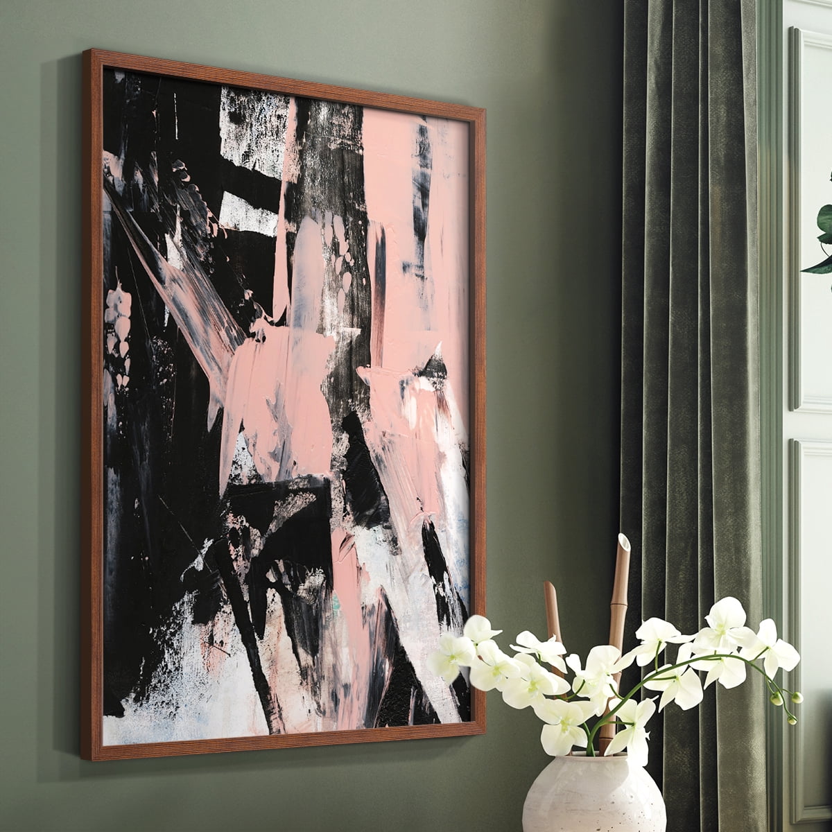 Black & Blush II Framed Print in Brown Solid Wood Framed Print No Nail Hanging