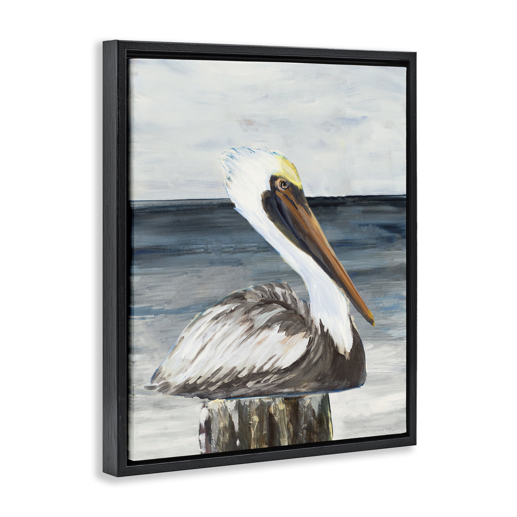 Stupell Industries Resting Beach Pelican Animals & Insects Painting Black Floater Framed Canvas Art Print Wall Art, 17 x 21