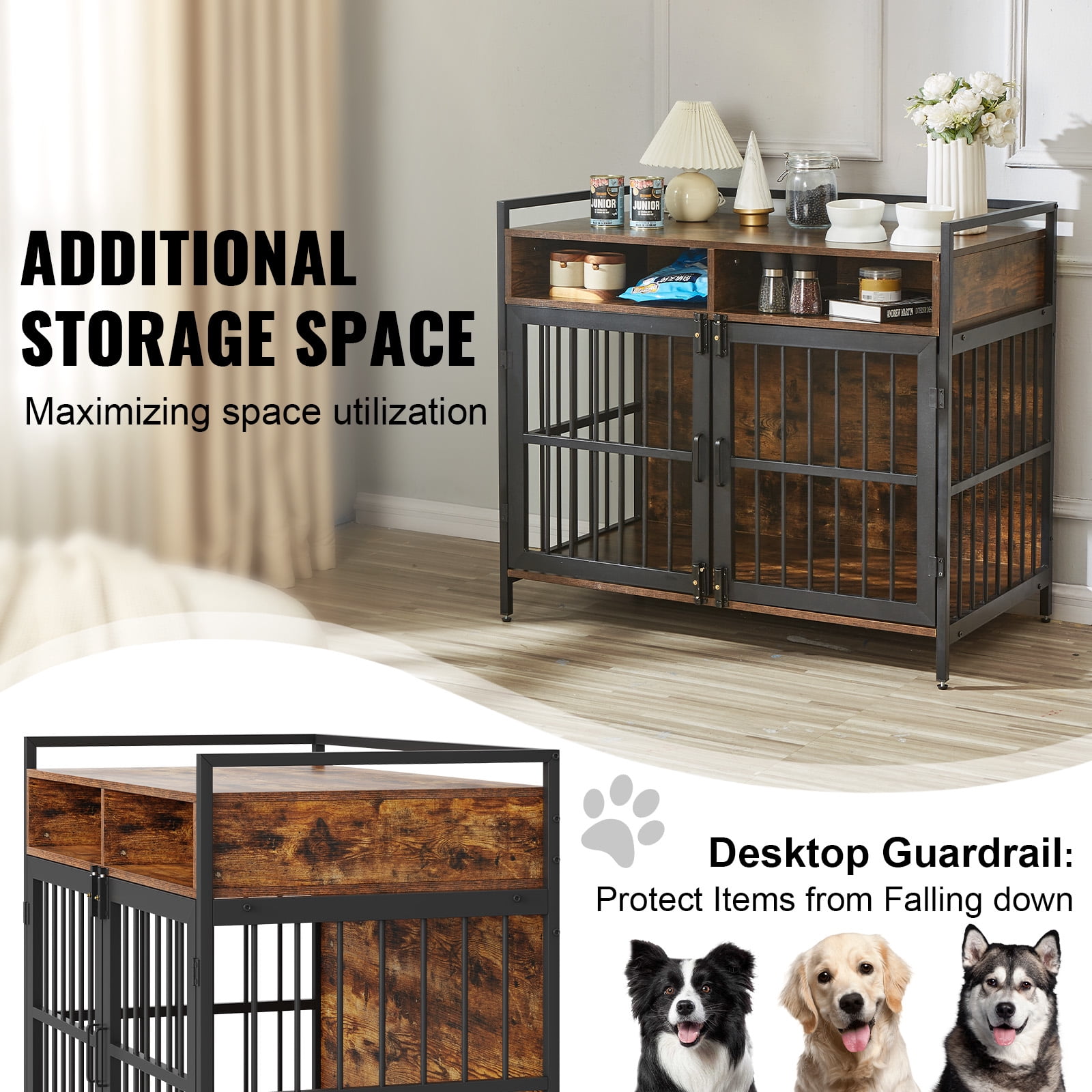 KFFKFF Dog Crate Furniture 41" Wooden Dog Crate with Double Doors & Storage Cubes