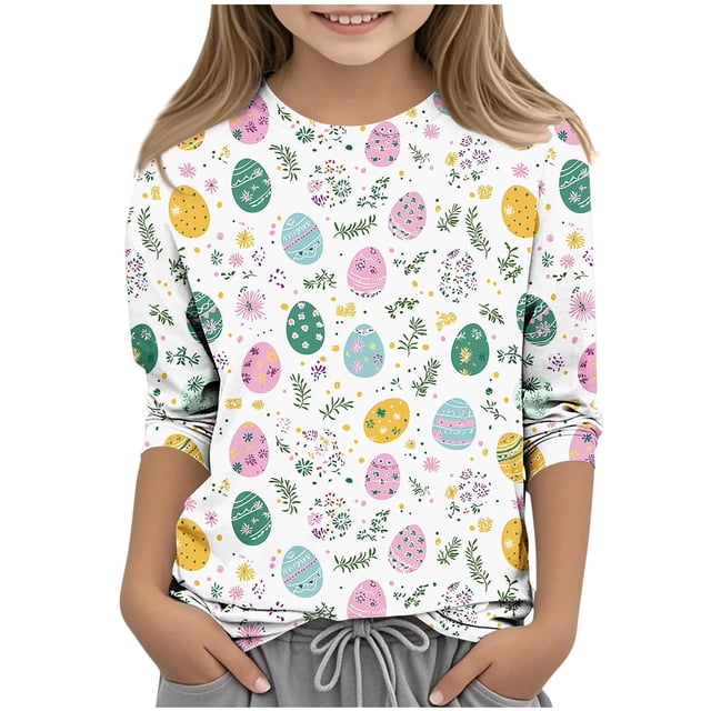 Chemises à Manches Longues pour Garçons Taille 12 14 Jeunesse Manches 3/4 Col Rond Imprimé Jour de Pâques Haut Polyester Tenue Décontractée pour Enfants