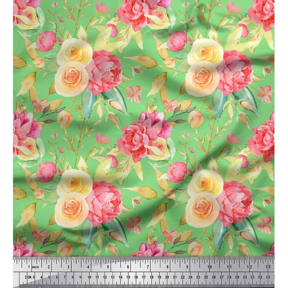 Soimoi Green Cotton Duck Fabric Leaves & Ranunculus Floral Decor Fabric Printed Yard 42 Inch Wide