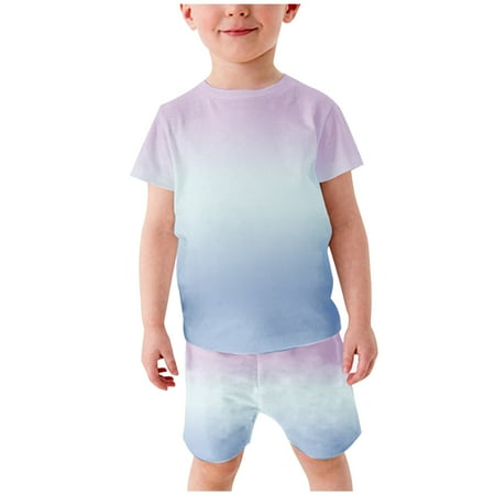 

YANHAIGONG Baby Girl Clothes Clearance Boys and Girls Gradual Short Sleeve T-shirt Set Fashion Printed Children s Hooded T-shirt Daily Outfit Two Piece Set 3-14 Years