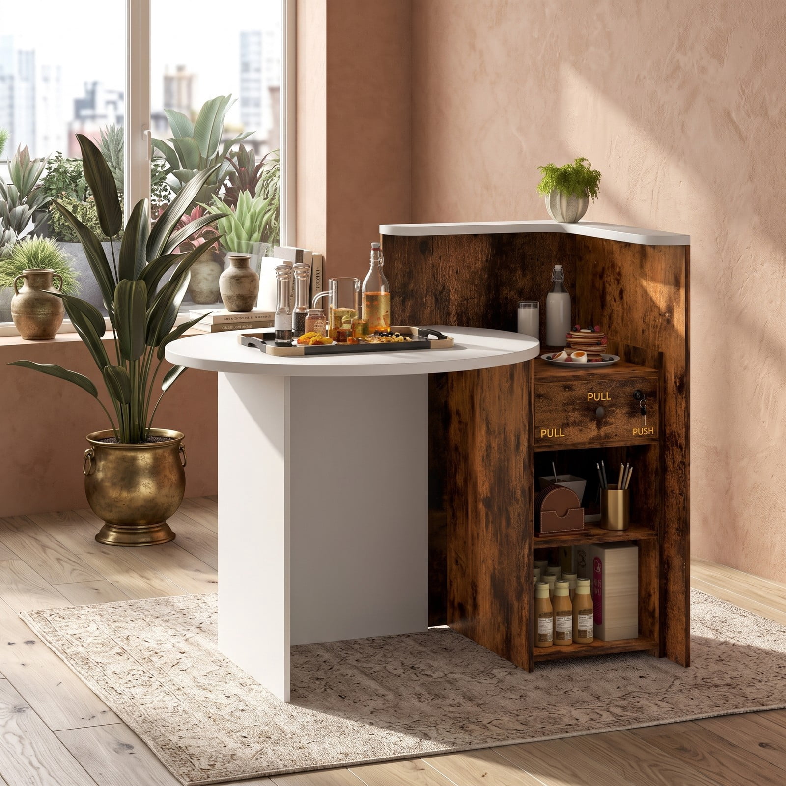 Furnibear Reception Office Desk, L-Shaped Front Desk Reception Counter with Lockable Drawer, Adjustable Open Shelf and Bottom Storage for Office, Rustic Brown & White