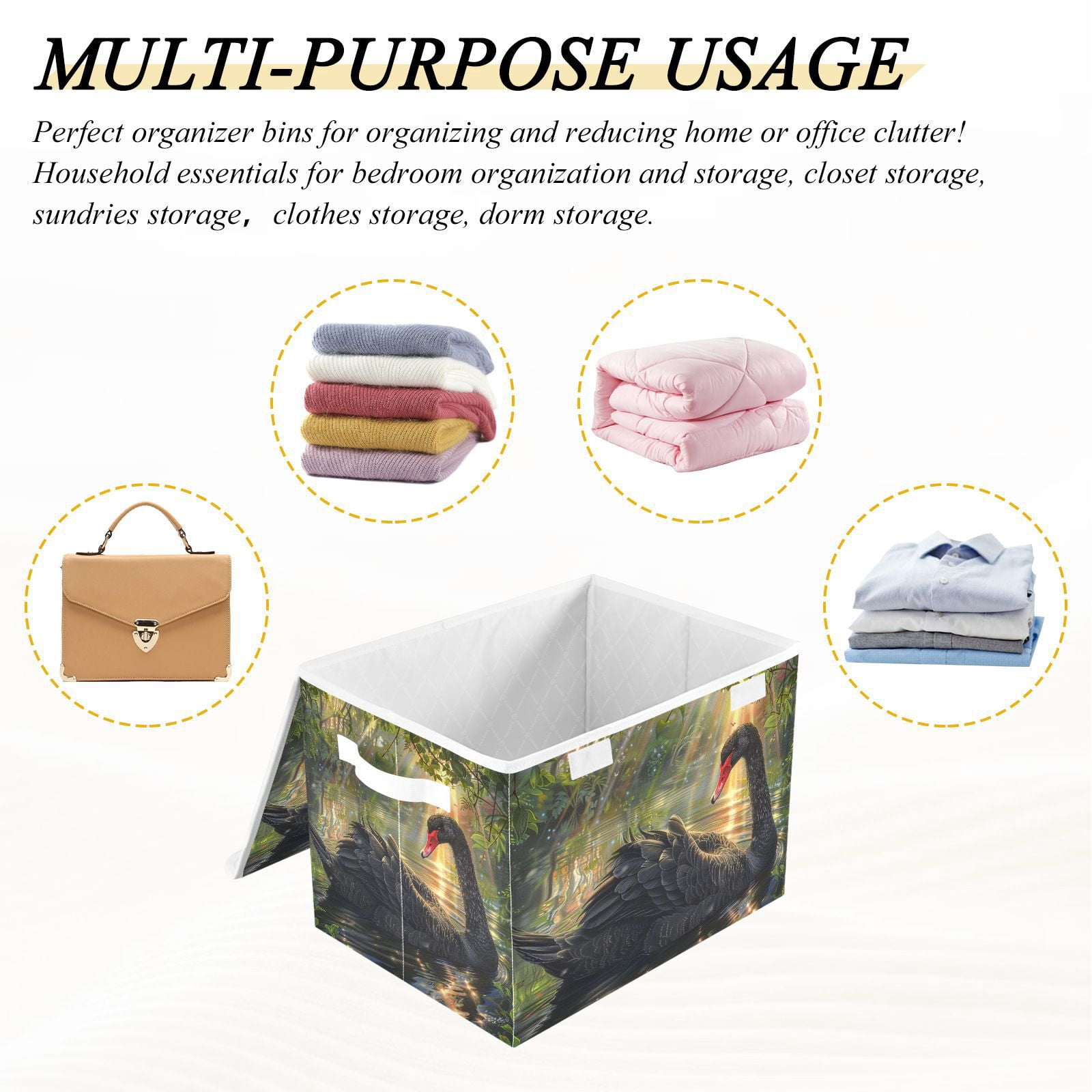 Black Swan Sunlight Storage Basket for Shelves Foldable Container Organizer for Organizing Toys Clothes Books with Handles