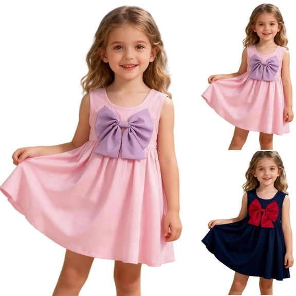 Eltusu Girls Dresses, Crewneck Bow Casual Sleeveless Summer Clothes Pink Size 6 T