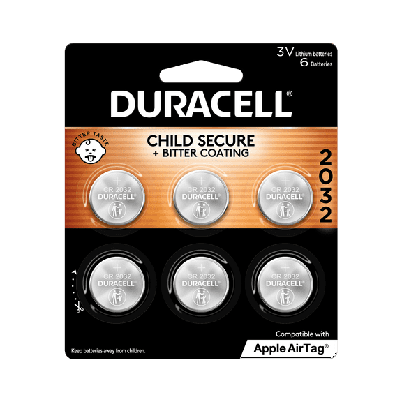 Duracell CR2032 3V Lithium Coin Battery with Child Safety Features, Compatible with Apple AirTag, Key Fob, Car Remote, Glucose Monitor, and other Devices, CR Lithium 3 Volt Cell (6 Count Pack)